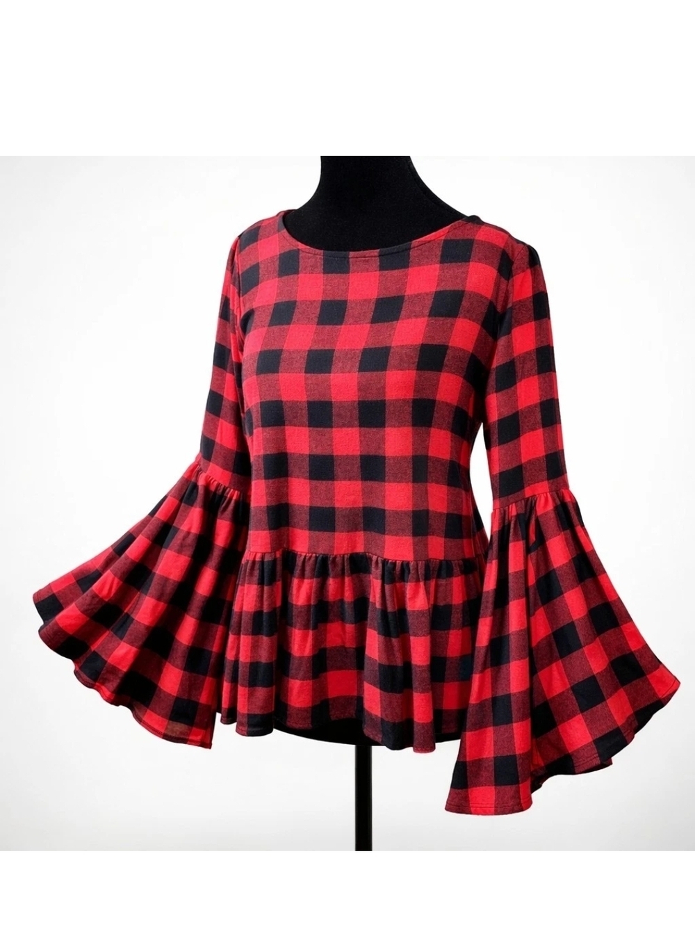 Fantastic Fawn Boutique Buffalo Plaid Bell Sleeve Peplum Top Ruffle Hem Small